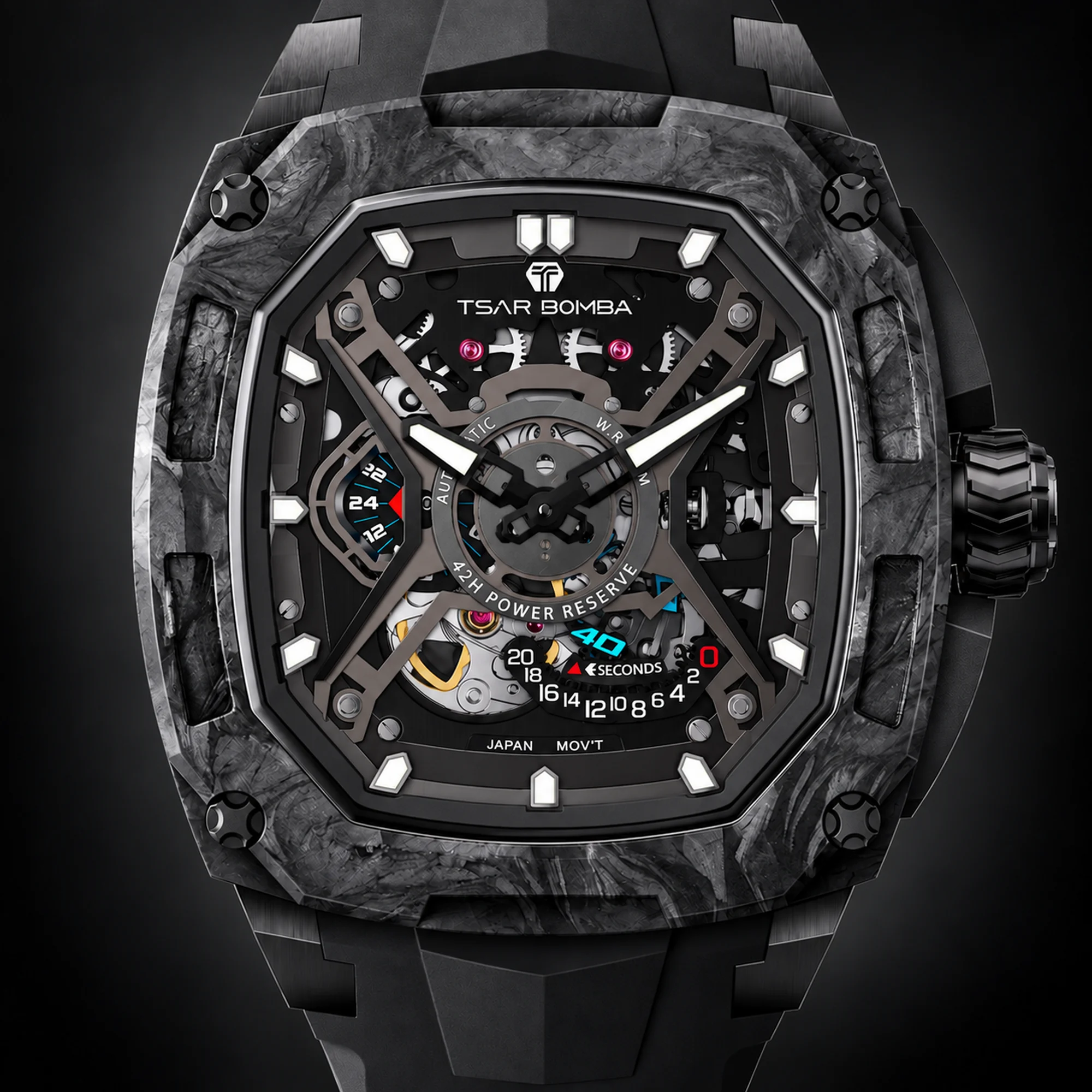 TSAR BOMBA Men's Automatic Mechanical Watch Miyota Movement 316L Stainless Steel Carbon Fiber Sapphire Crystal 5ATM Wristwatch