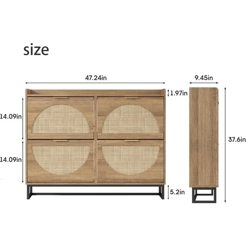 Large Rattan Shoe Storage Cabinet with 4 Flip Drawers,Metal Legs for Entryway, Hidden Golden Handles, Rustic Oak Rattan