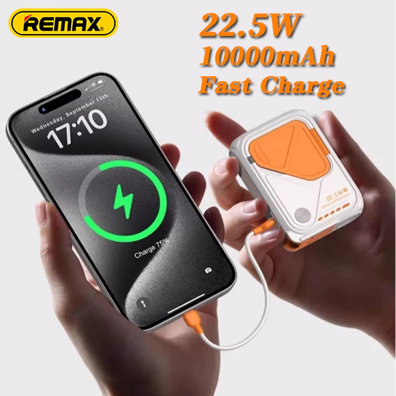 Remax 10000mAh Wireless Magnetic PowerBank Recyclable Portable Battery 22.5w Fast Charging With Built-In Cables  For iPh Xiaomi