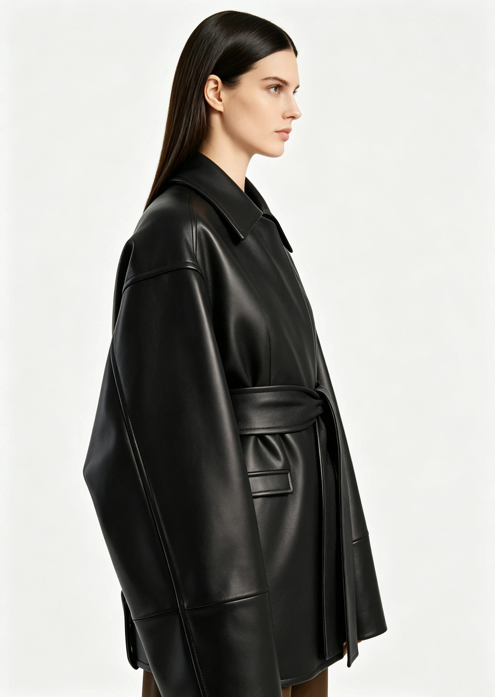 Luxury Black Leather Trench Jacket with Wide Lapel and Self-Tie Waist Belt