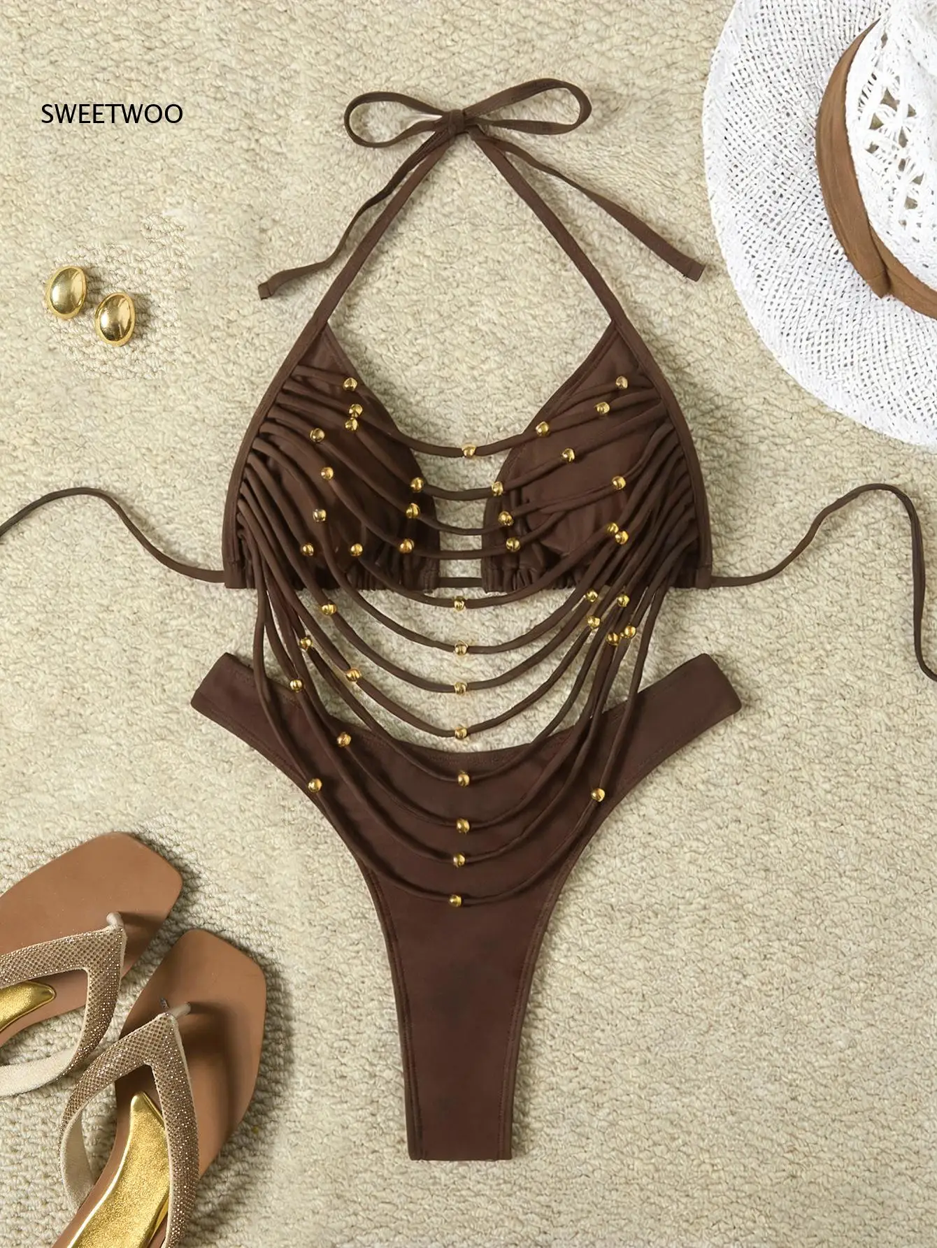 Black Halter Multi Layer Strappy Cutout One Piece Swimsuit With Allover Gold Bead Detail High Cut Leg For Women Beach Club Wear