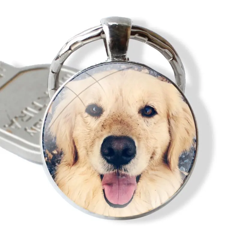 Fashion Design Cartoon Creative Keychain Handmade Glass Cabochon Key Ring Holder Pendant Key Chains Popular Golden Retriever Dog