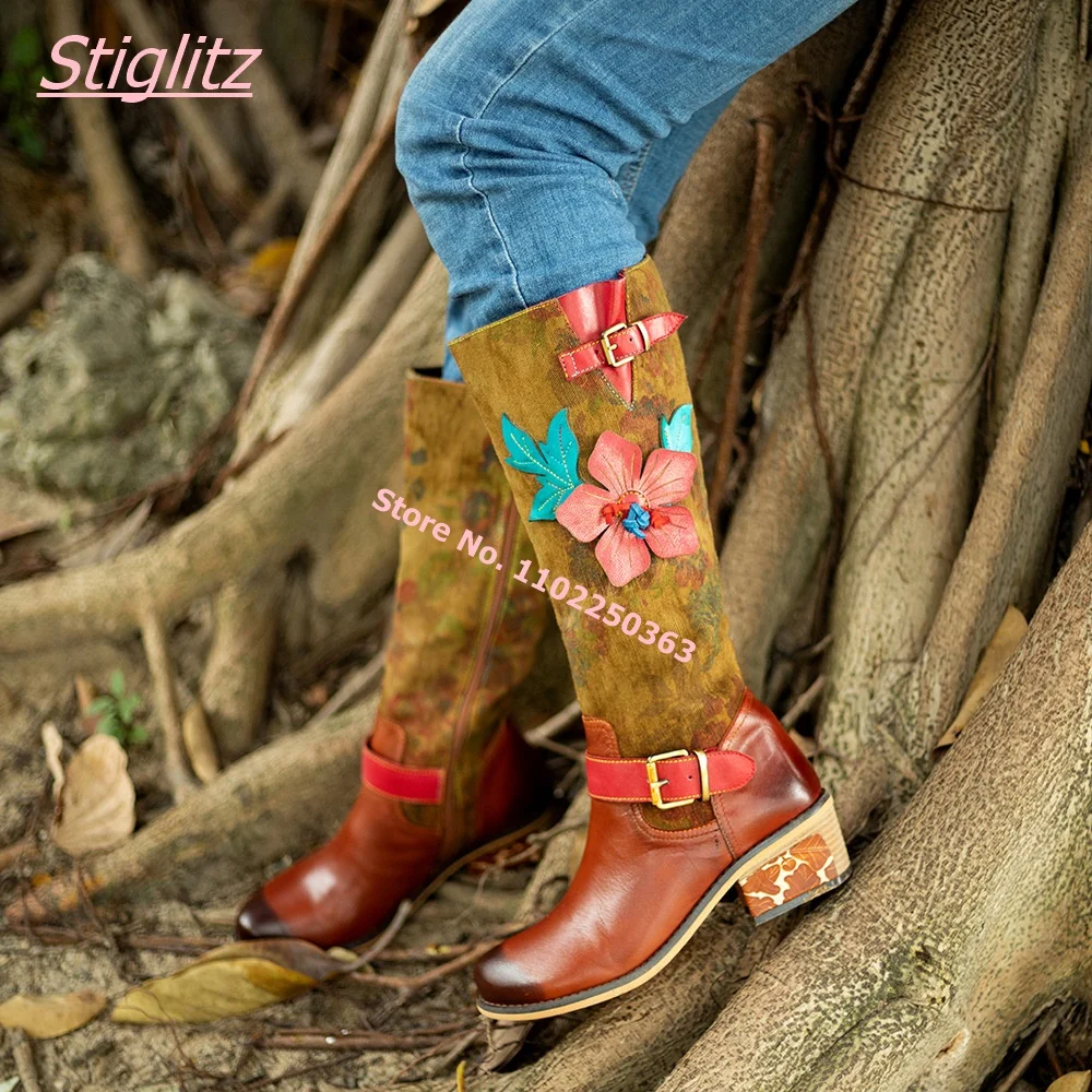 

Autumn Winter New Women's Boots Casual Retro Ethnic Style Long Tube 3D Flower Zipper Square Med Heel Round Toe Leather Knee-High