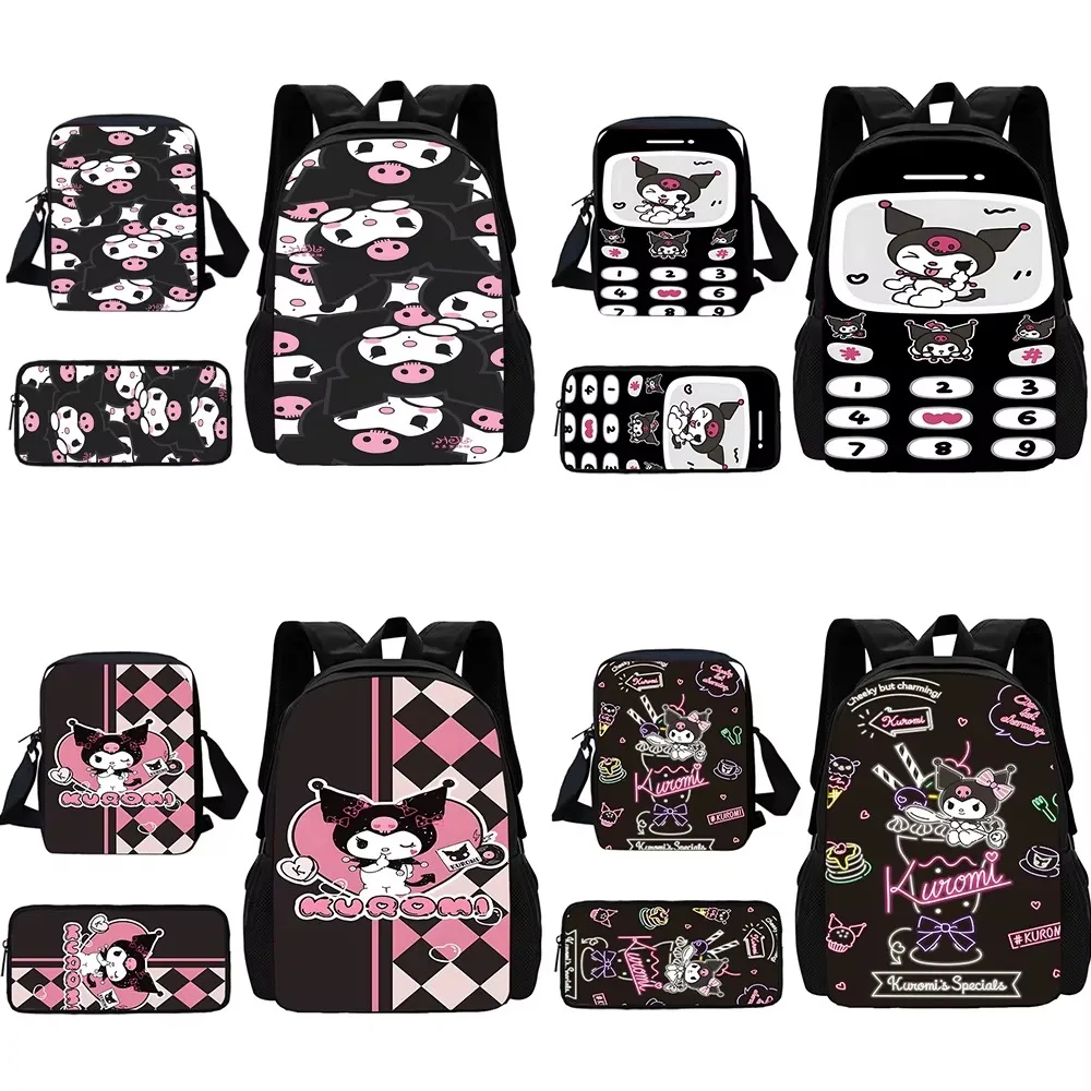 3 pcs set Cute cartoon Kuromi Child School Backpack With Shoulder Bag Pencil Bags School Bags for Boys Girls Best Gift