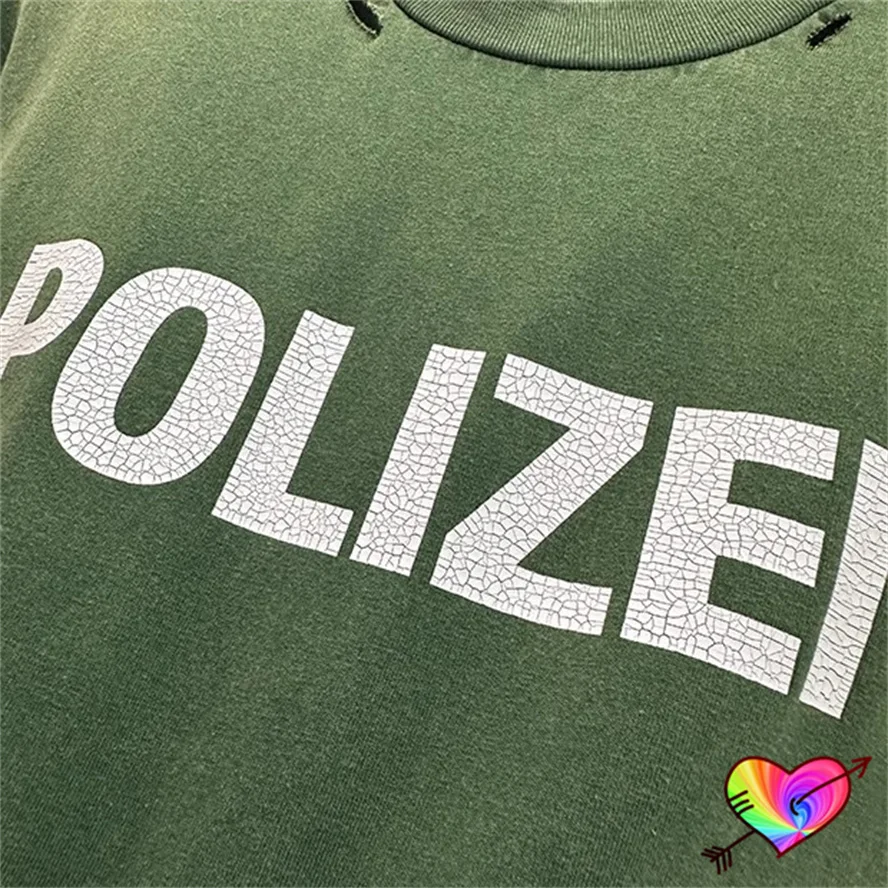 2024 Vintage Green POLIZEI T-shirt Men Women Double POLIZEI Logo Tee Break Details Tops Oversize Wash Short Sleeve