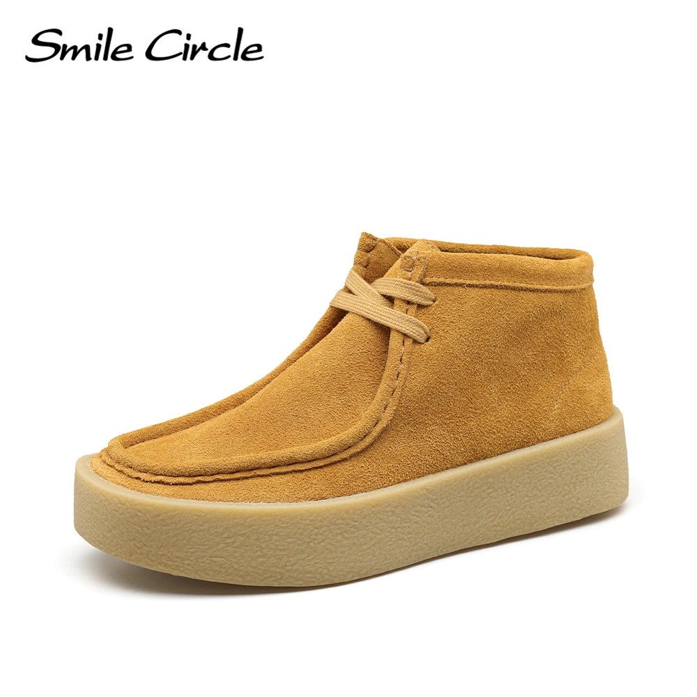 

Smile Circle Wallabee Cup Cow Suede Leather Shoes Women Lace up Ankle Boots Thick Bottom Comfortable Flat Casual Sho