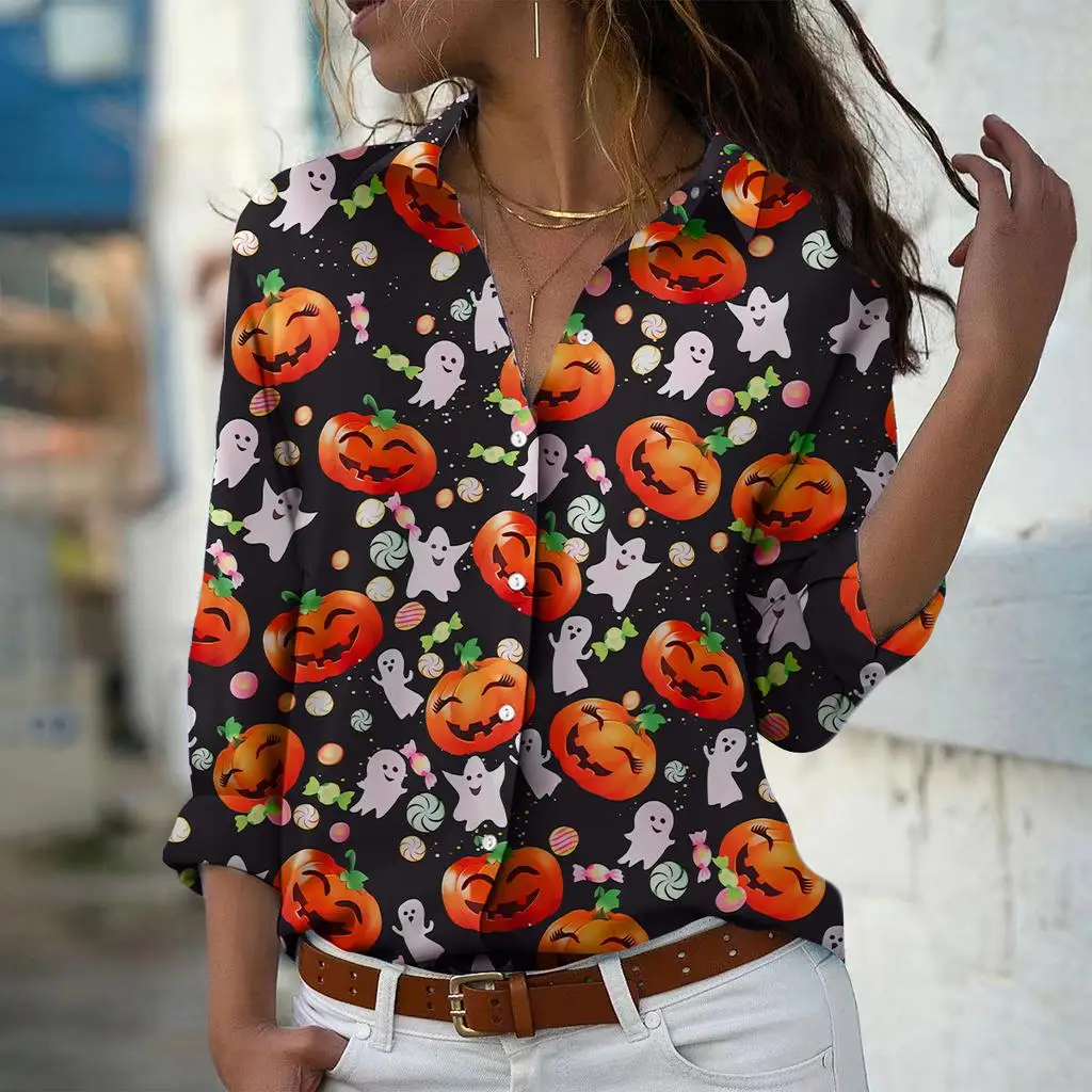 Halloween Cute Pumpkin Cat Lantern Cute Ghost Element Women's Clothing Long Sleeve Shirt Print Lapel Button Holiday Party Tops
