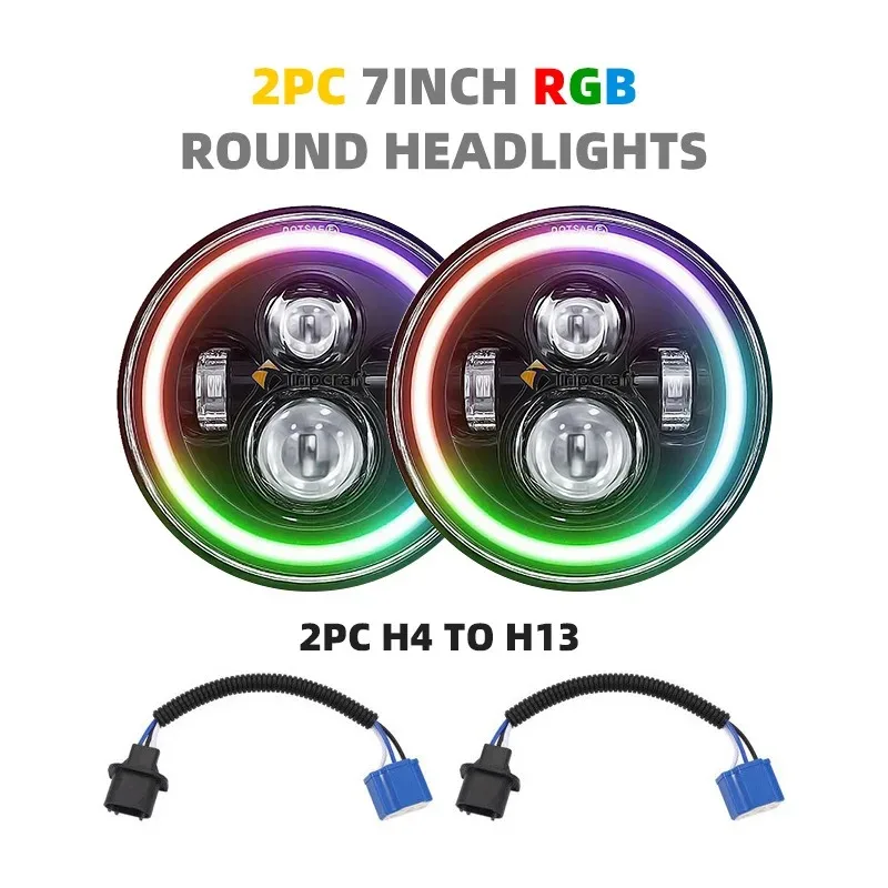 LED Headlight 7 Inch Round JEEP Wrangler RGB  Halo Angel Eyes Off Road H13 H4 LED Lamp 6000K Motorcycle Universal