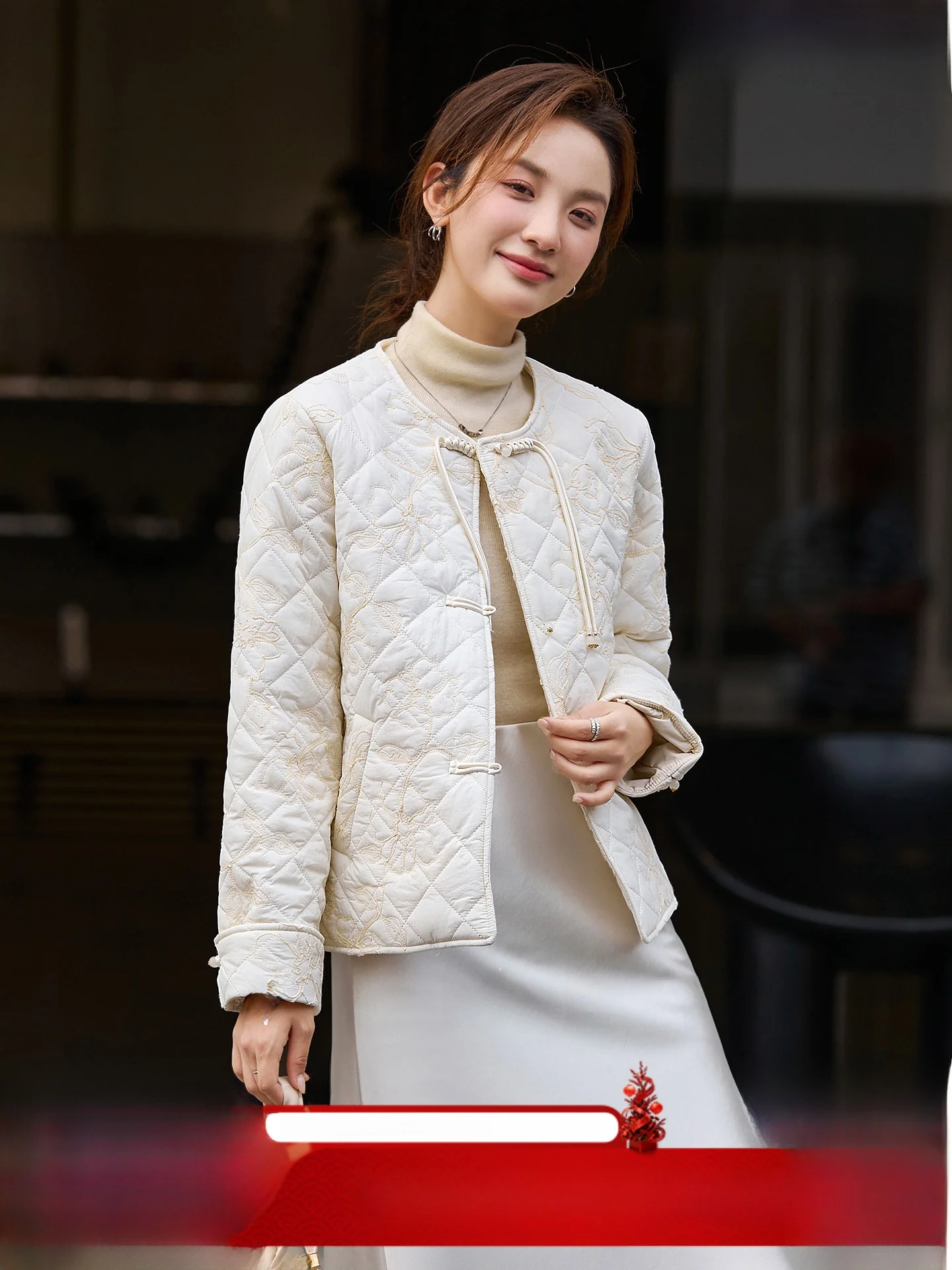 

New Chinese Sle National Trend Button up Apricot Cotton Jaet Women's round Ne Cotton Coat Thiened Long Sve ort S...