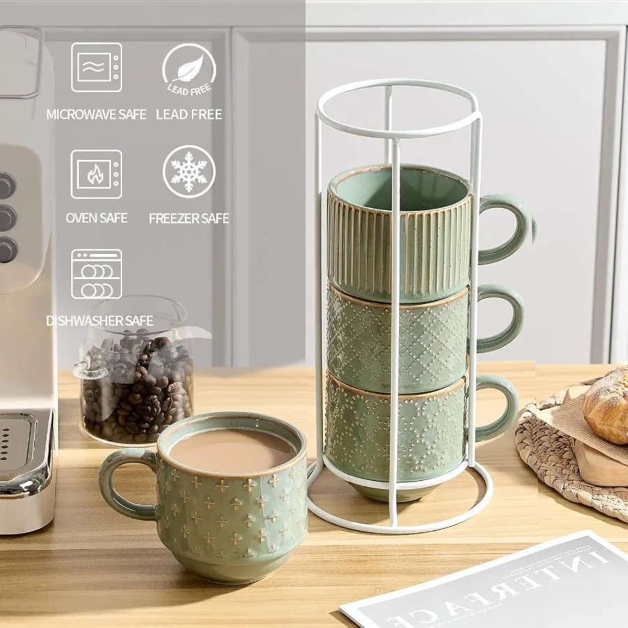 Grande caneca de café cerâmica conjunto de 4 com suporte 15 oz empilhável gravação com nervuras latte copo conjunto para cappuccino latte chá cacau quente