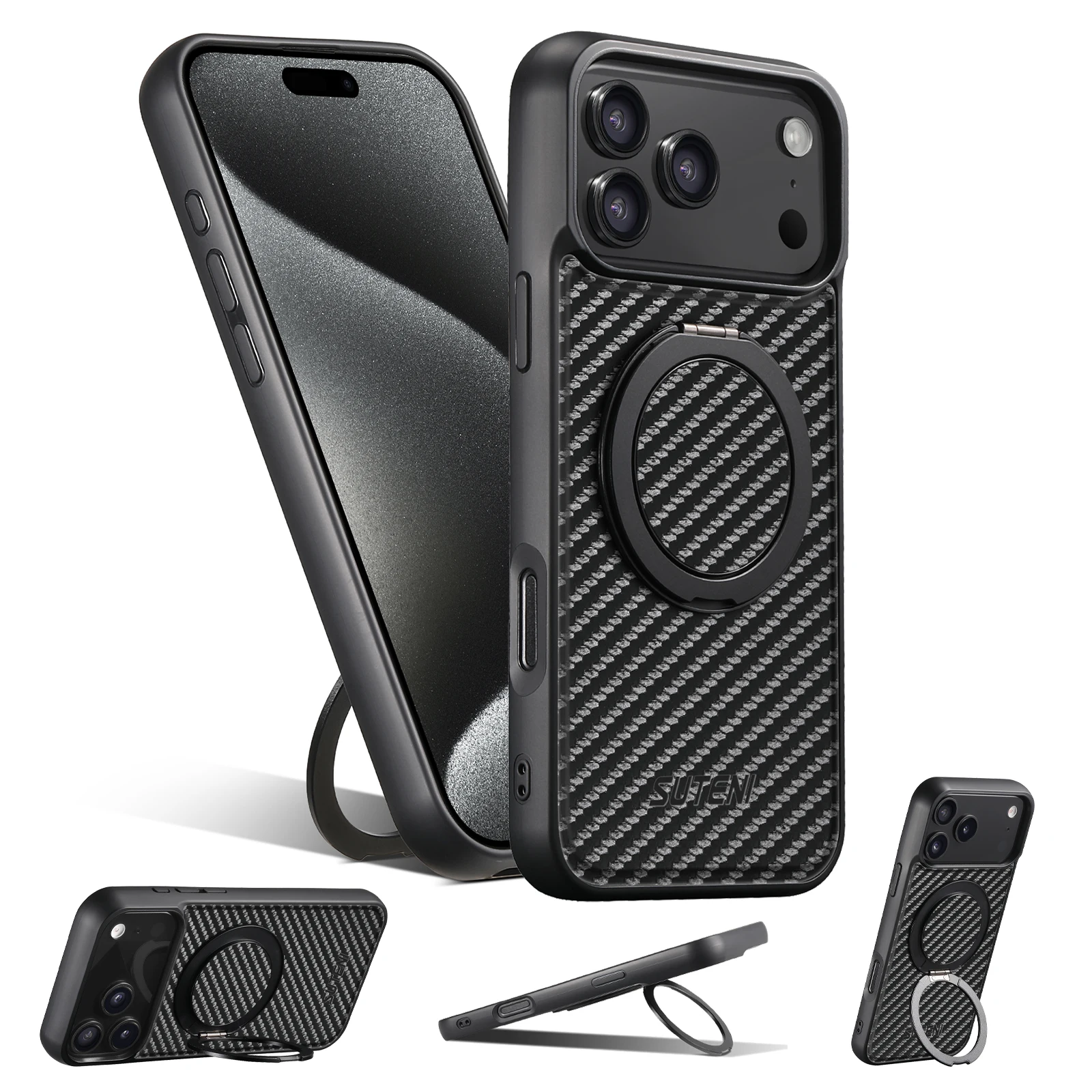 SUTENI Magnet Kabellose Ladehülle für Mobiltelefone 360 ° Drehbarer Ständer mit Kunstleder-Ringschnalle für iPhone 18 Pro Max 17 16 Plus – Detail 3