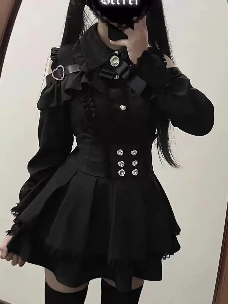 

Japanese Gothic Style Rhinestone Bow Sets Women Lace Off Shoulder Shirt + Mini Plested Skirt Long Sleeve Slim Lolita Y2k Outfits