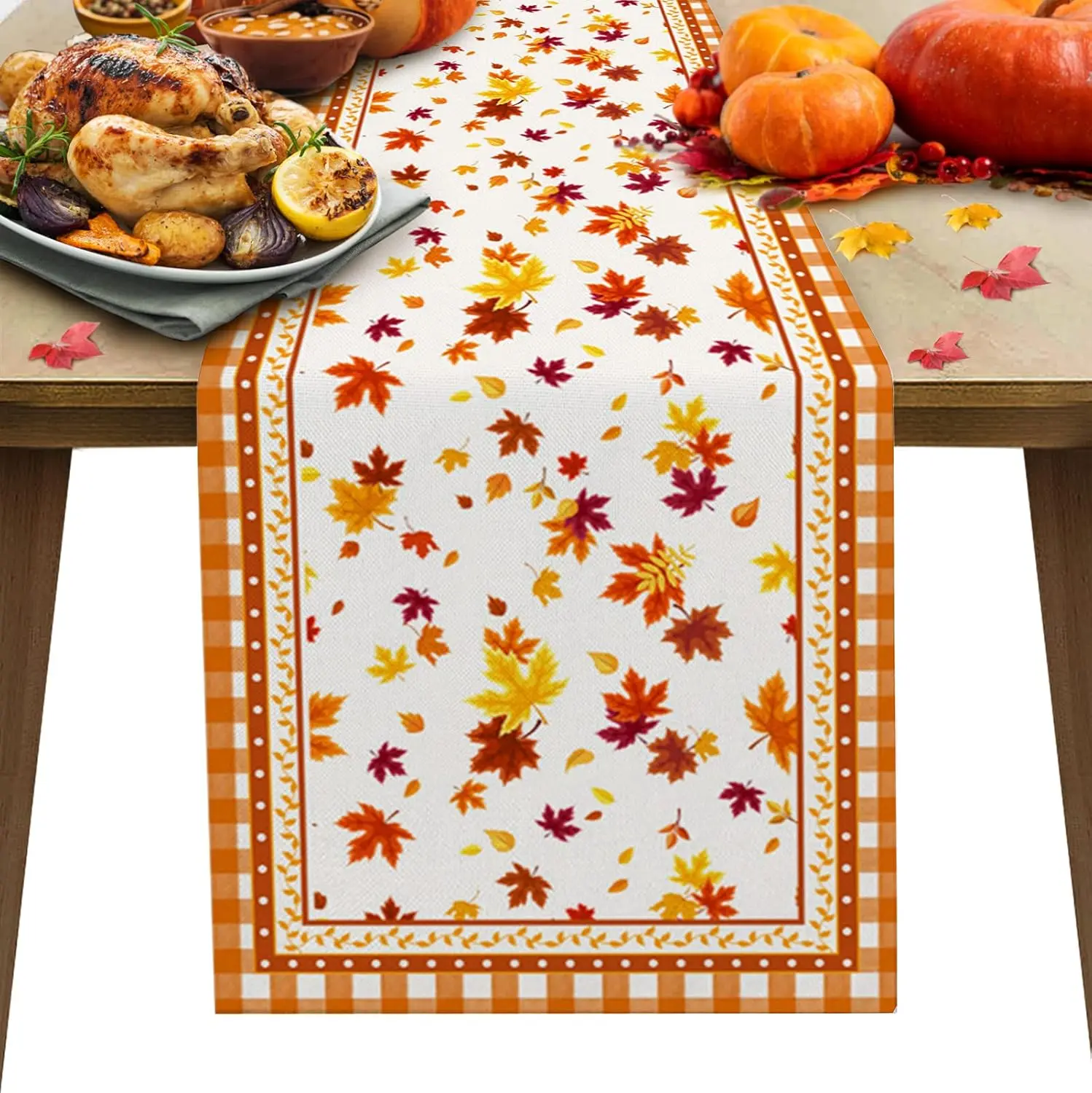 

Thanksgiving Maple Leaves on Buffalo Plaid Orange Linen Table Runners Home Decor Reusable Dining Table Runners Party Supplies