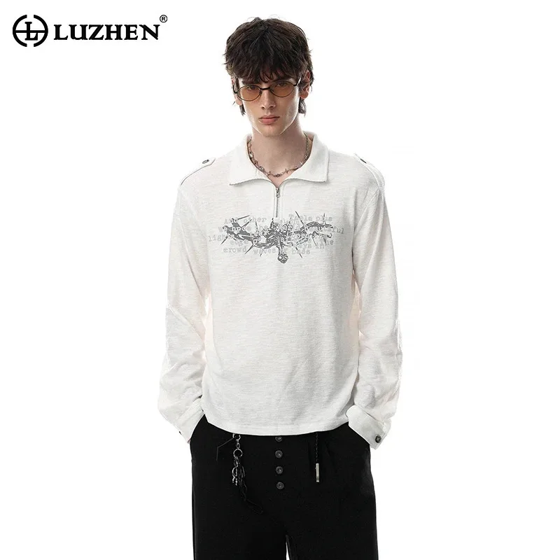 LUZHEN 2026 Autumn Printed Pattern Polo Collar Long Sleeve T-shirts Pullover Men's Fashion High Quality Pure Cotton Tops JY9099