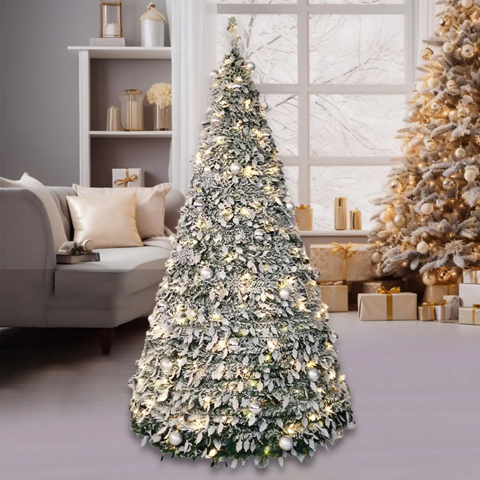 Foldable Artificial Christmas Tree with Decorative Lights PVC Material Reusable for Family Enjoy Xmas Porch Party Dining Rooms