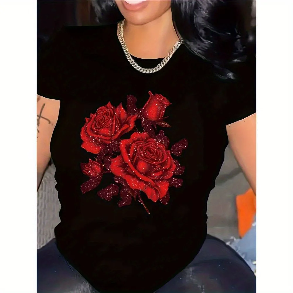 T-shirt noir élégant pour femme, grande taille, avec motif Rose rouge scintillante, mélange décontracté en polyester et élasthanne, manches courtes, rond