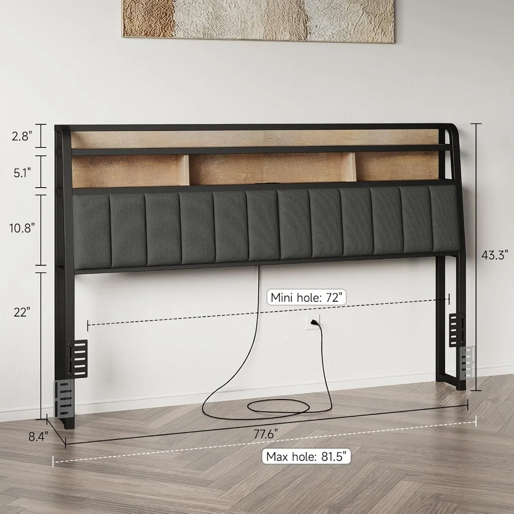 King Headboard Only with Storage & Charging Station, Black and Brown