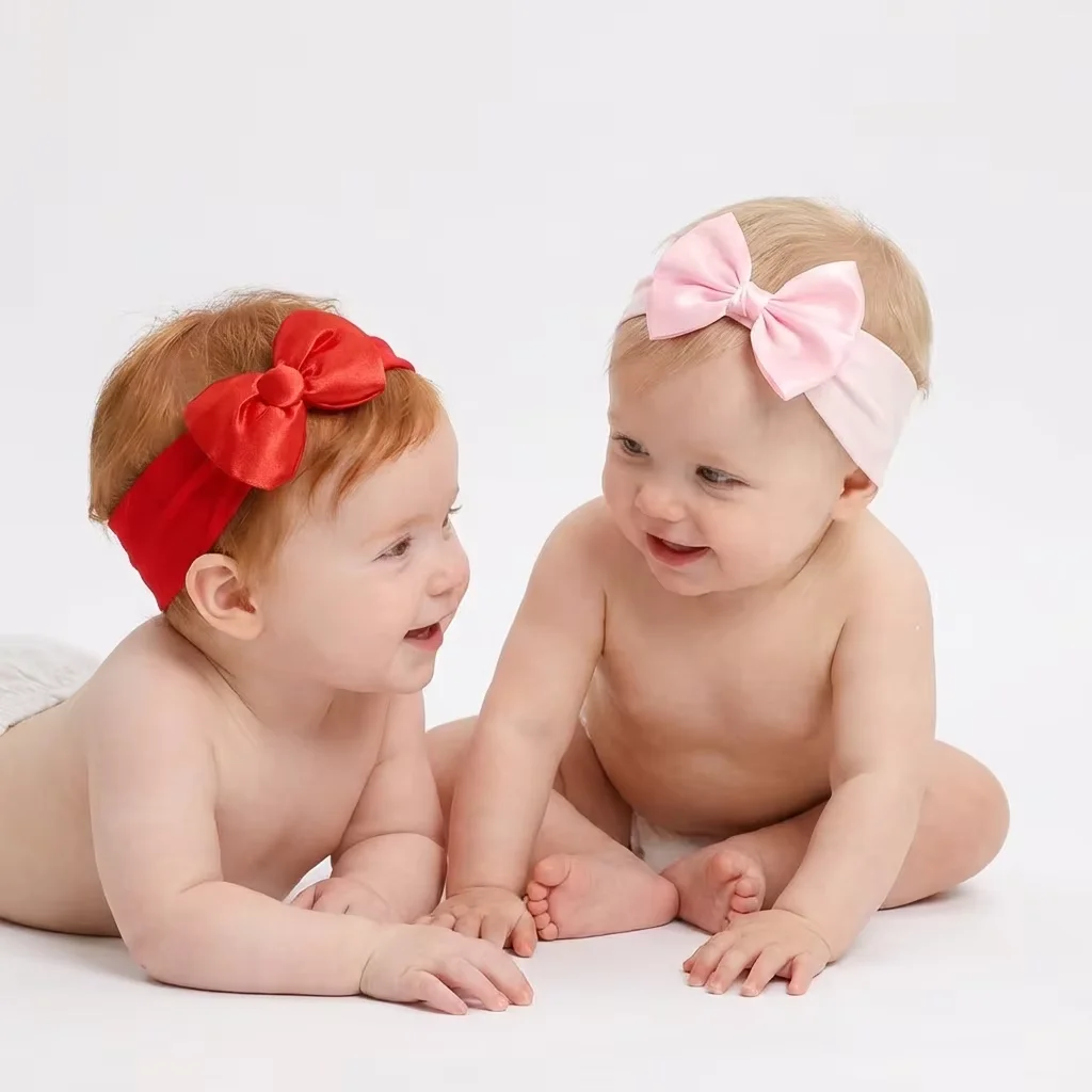 

2pcs New European American Style Soft Nylon Baby Unisex Solid Pattern Wide-Brimmed Bow Elastic Hairbands Headscarf Headwear