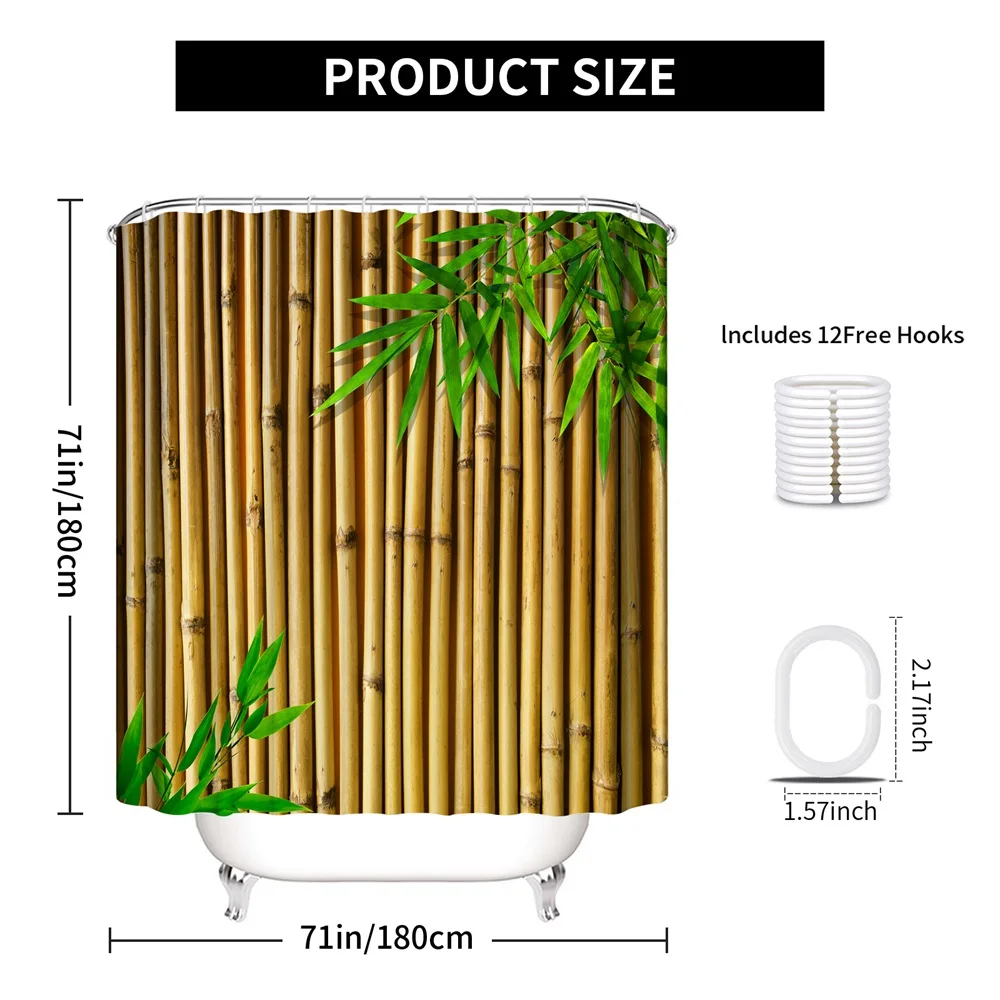 1PC, green bamboo wall, modern home bathroom waterproof shower curtain, with 12 plastic hooks, 71in*71in