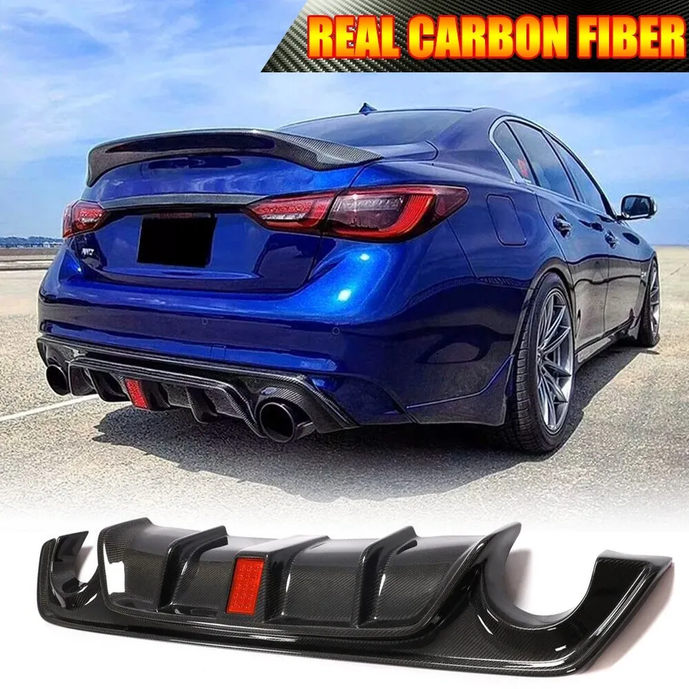 For Infiniti Q50 Q50S 2018UP REAL CARBON Rear Bumper Lip Diffuser W/Brake Light Spoiler