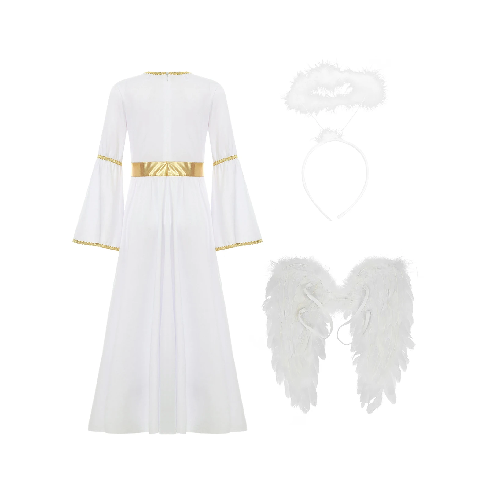 Kids Girls White Angel Costume Halloween Party Long Bell Sleeve Maxi Dress Gown with Wings Set for Performance Church Dress Up