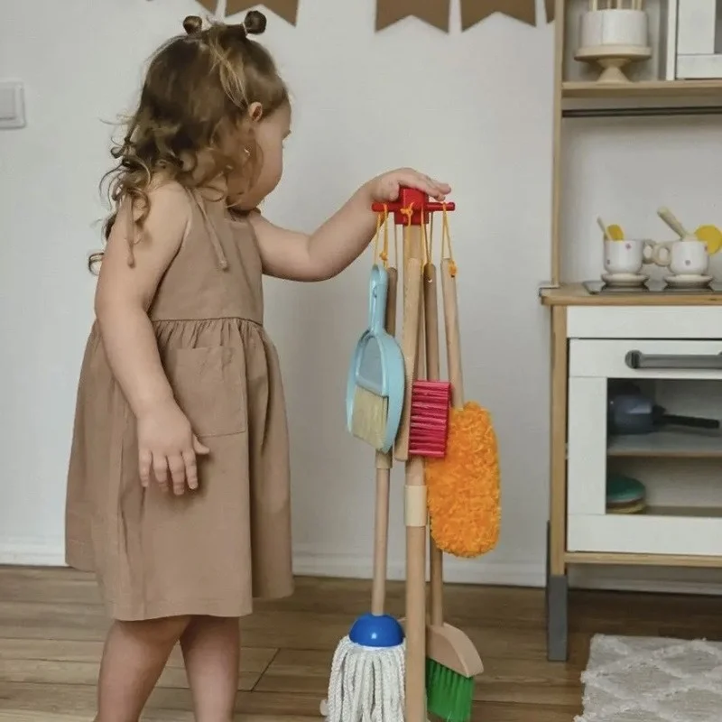 Training Boys And Girls To Coordinate Their Hands And Feet Wooden Simulation Cleaning Set Broom Sweeping Mop Cleaning Tools Toys