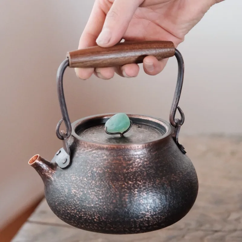 Vintage One Piece Forged Copper Teapot, Camping Hot Water Kettle, Retro Walnut Grip Stove Pot, Outdoor Boiling Tea Pitcher