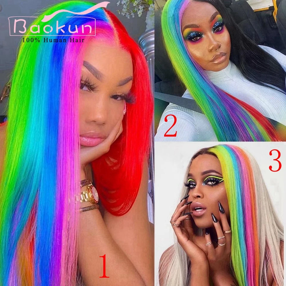 Rainbow Color 13x4 Straight Lace Front Wigs Human Hair Red Green Blue Purple Highlight Wig Transparent 13x6 HD Lace Frontal Wig