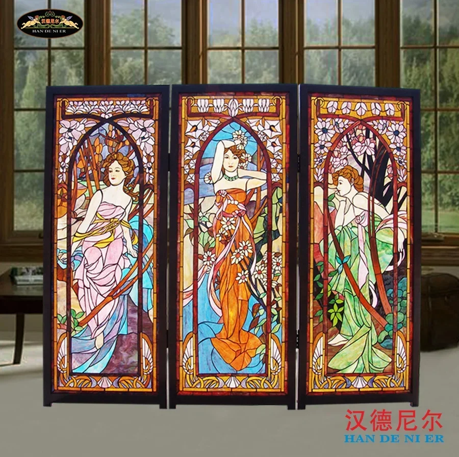 Color church art partition European retro inlaid solid wood frame figure beauty screen