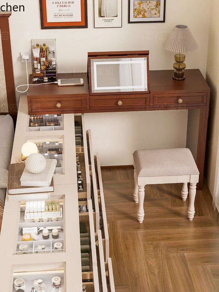 Vintage Style Solid Wood Dressing Table Bedroom Makeup Table with Chest of Drawers Integrated Semi-Enclosed Bedside Cabinet