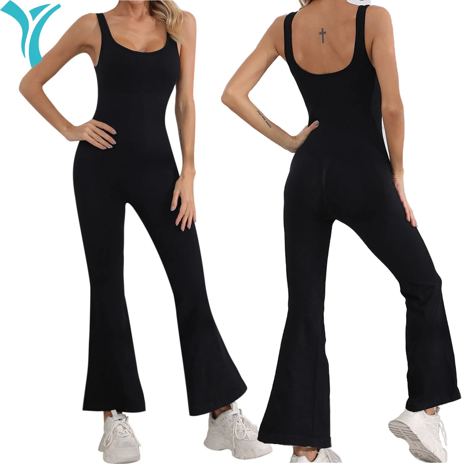 

Workout Flare Jumpsuit for Women Sleeveless Romper Square Neck Tank Top Unitard Gym Yoga Jumpsuit