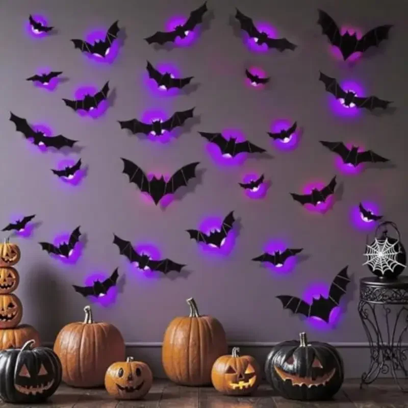 1-5Set Halloween 3D Spider Bat LED Wall Sticker Party Window Display Ambient Glow Decor for Haunted House Halloween Decoration