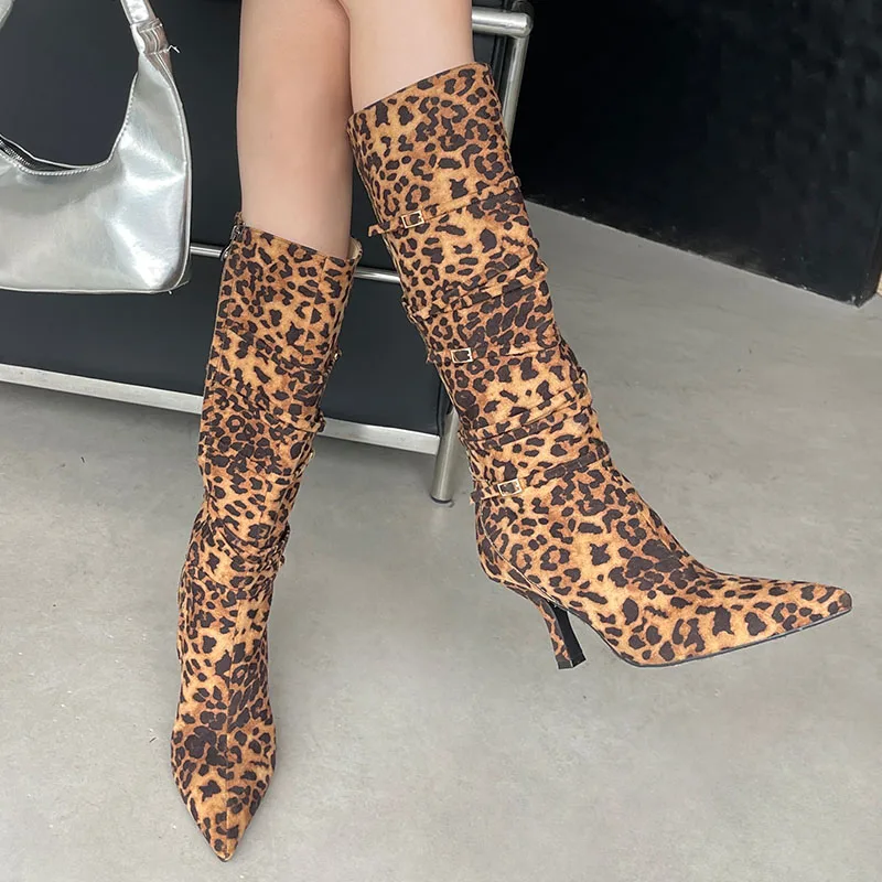 Big Size Fashion Leopard print Footwear Women Knee High Boots Female Designer Pointed Toe Ladies Long Modern Booties Heels Shoes