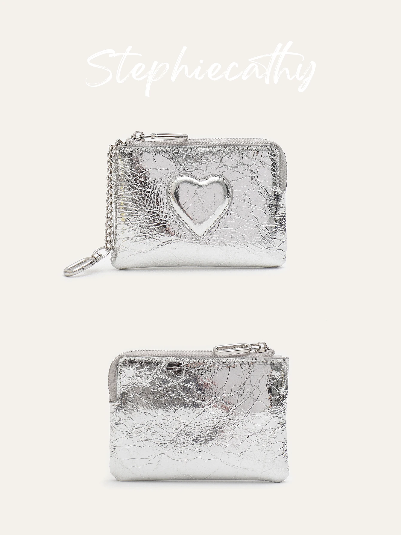 SC Women Textured Oil Wax Leather Zipper Short Wallet Heart Decoration Multi Card Slots Coin Purse with Keychain Portable Daily