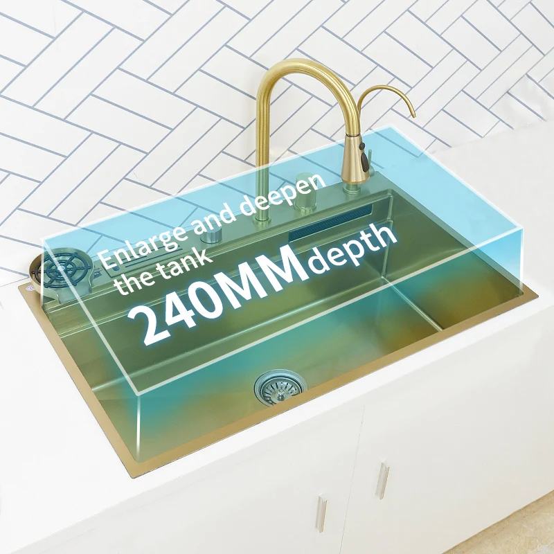 304 Stainless Steel  Waterfall Kitchen Sink Gold Modern Multifuctional Large Sink Above Counter Apron Front Installation