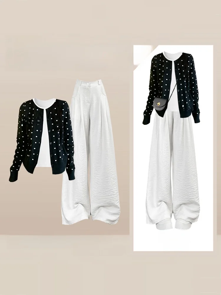 

Вязаный кардиган в горошек, женский модный свободный комплект из футболки с длинным свеком, осень 2024, повседневная одежда с эффектом похудения