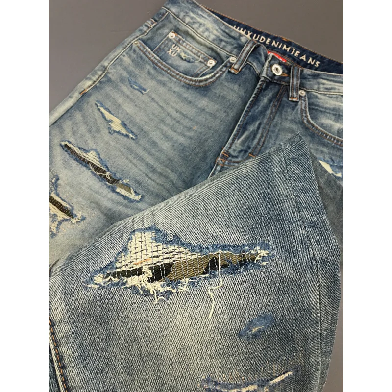 

Retro ripped jeans, men's nostalgic washed heavyweight denim, street trend slim fit small straight leg pants