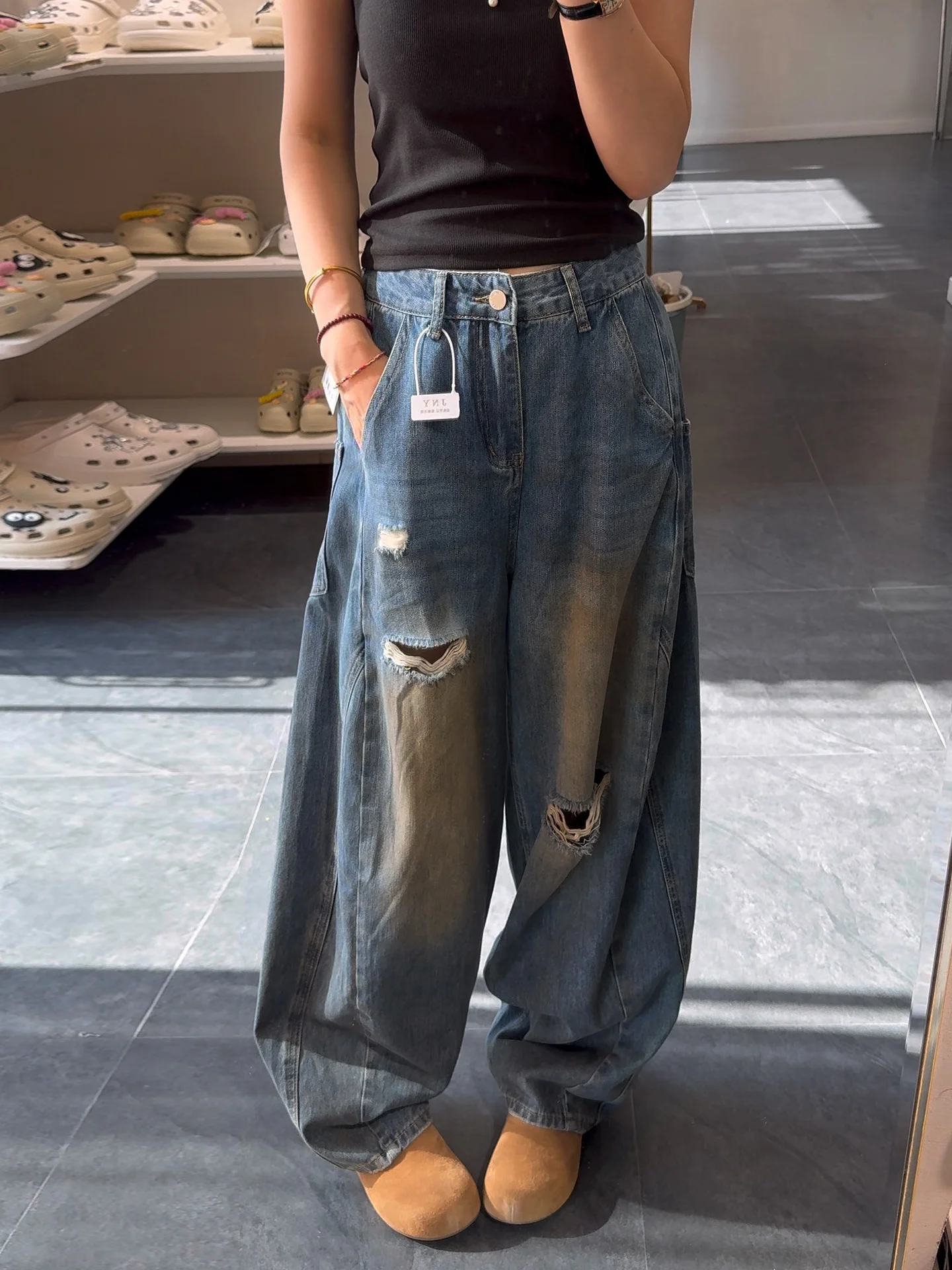 

Американские винтажные свободные узкие широкие джинсы женские ранняя осень новая мода с высокой талией брюки длиной до пола