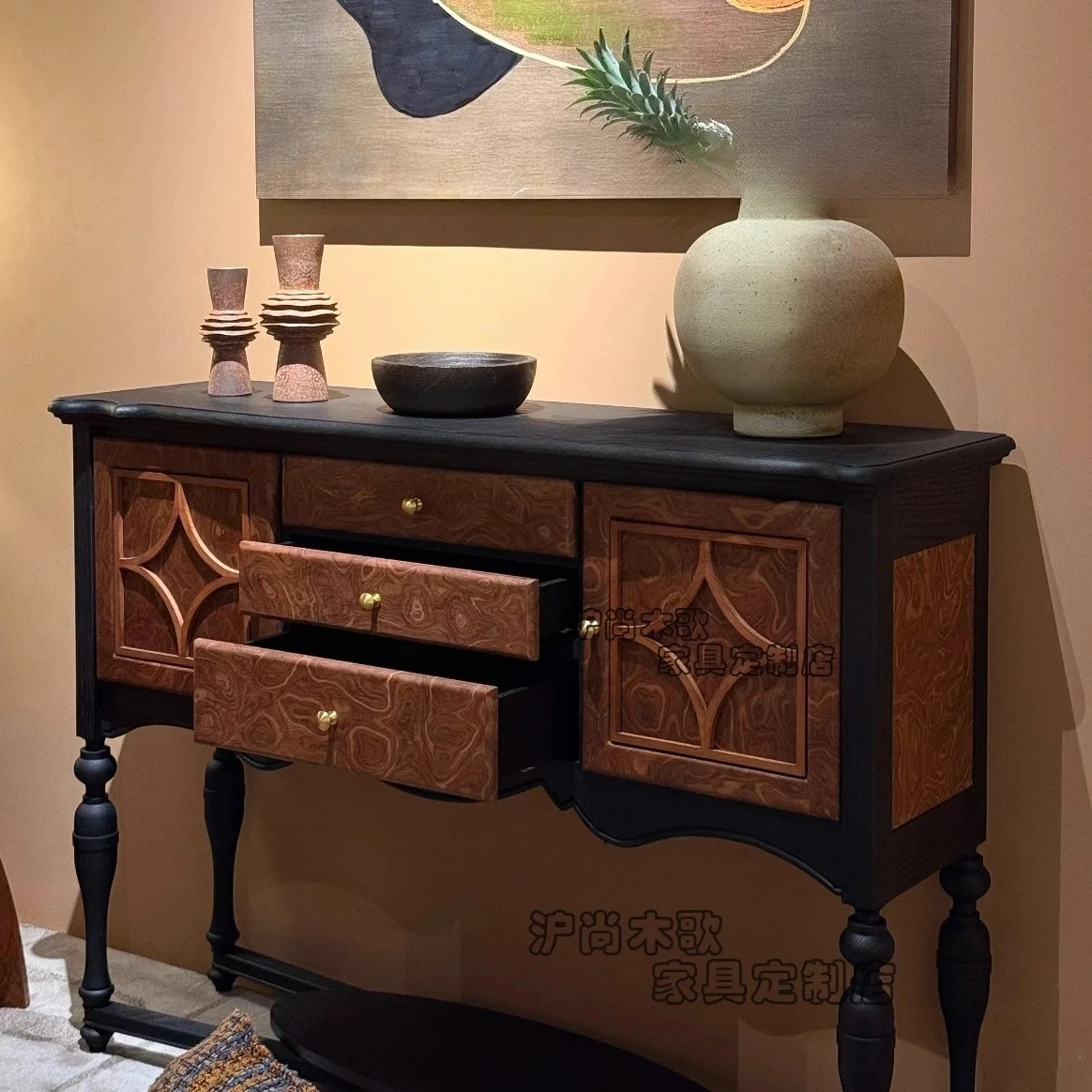 retro solid wood porch cabinet, living room entrance hall cabinet against the wall, designer decoration, antique dining s