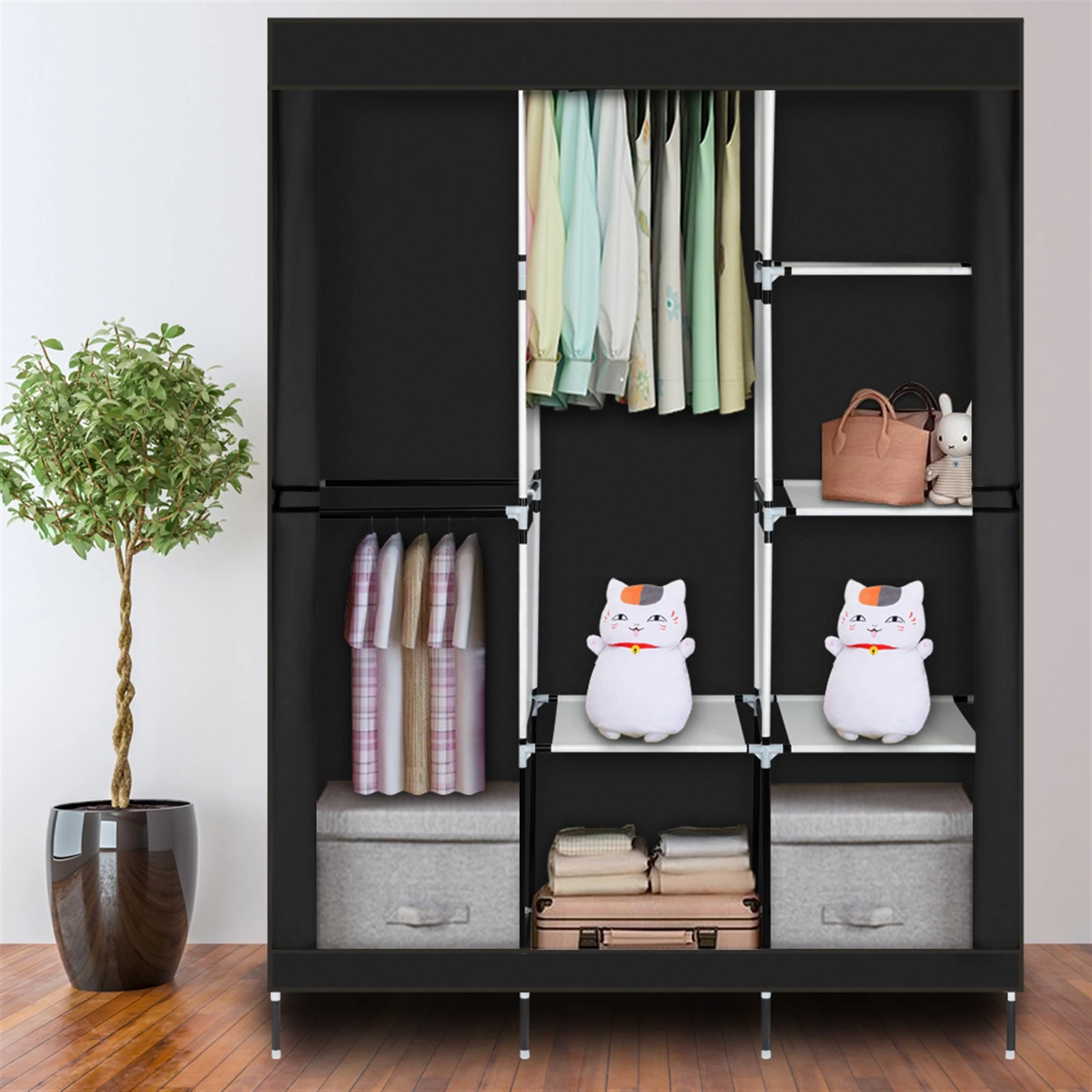 71 Inch Portable Closet Storage Organizer Clothes Wardrobe Non Woven Fabric Steel Tube 8 Shelves Zippered Dustproof Black