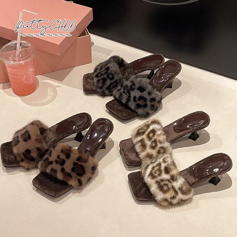 

Luxury Leopard Fur Mule Slides Woman Elegant Kitten Heel Square Toe Plush Slippers Ladies Winter Party Stiletto Furry Pump Shoes