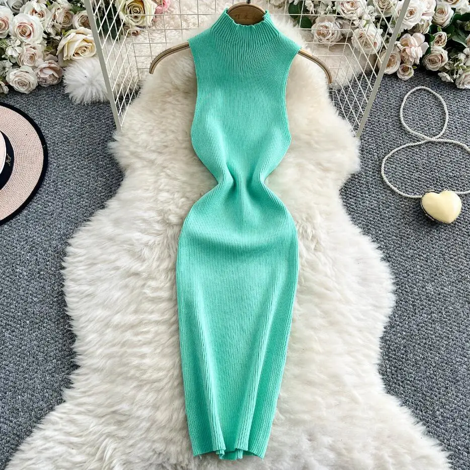 فستان نسائي صيفي ضيق بياقة مدورة محبوك من INS فستان قصير قصير بدون أكمام ملابس غير رسمية للحفلات ملابس خروج مثيرة للنوادي الليلية