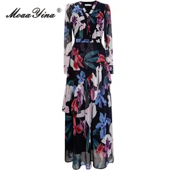 MoaaYina Spring Fashion Runway Vintage Floral Print Dress Women V Neck Ruched High Waist Ruffles Spliced Temperament Long Dress