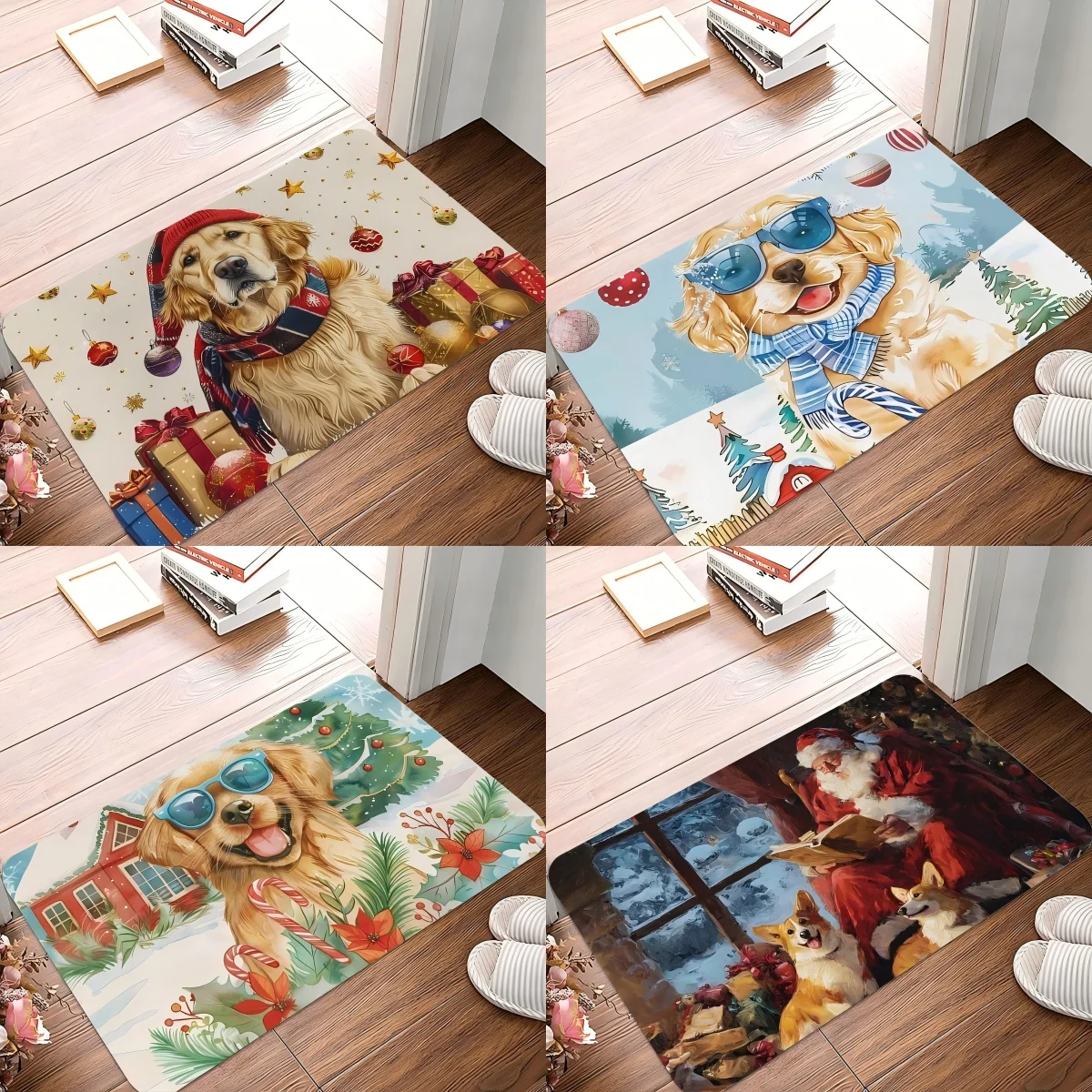 Fußmatte mit Weihnachts- und Golden Retriever-Hunden, rutschfester, waschbarer Teppich für Wohnzimmer, Schlafzimmer, Badezimmer, Küche und Wäscheteppich