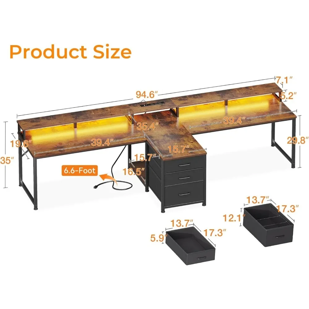 94" Computer Desk with Fabric Drawer & File Cabinet- 2 Person Home Office Desk with Power Outlet & LED Light, Long Writing Desk