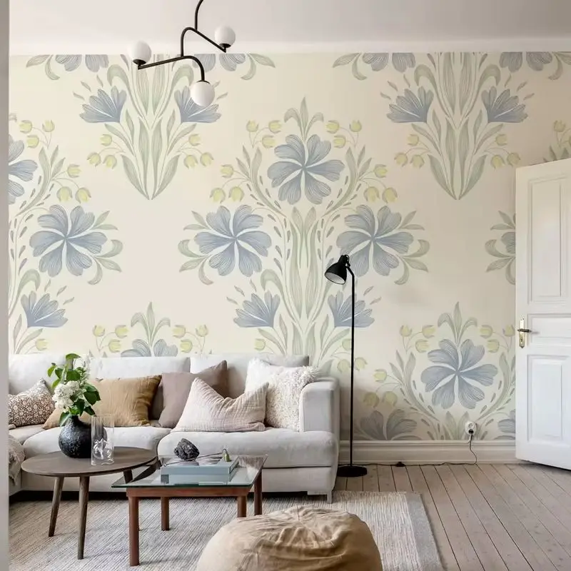 Art Nouveau Wallpaper Peel and Stick,Dusty Blue & Green Floral Print Wall Mural,Vintage Home Decor,Self-adhesive Or Traditional