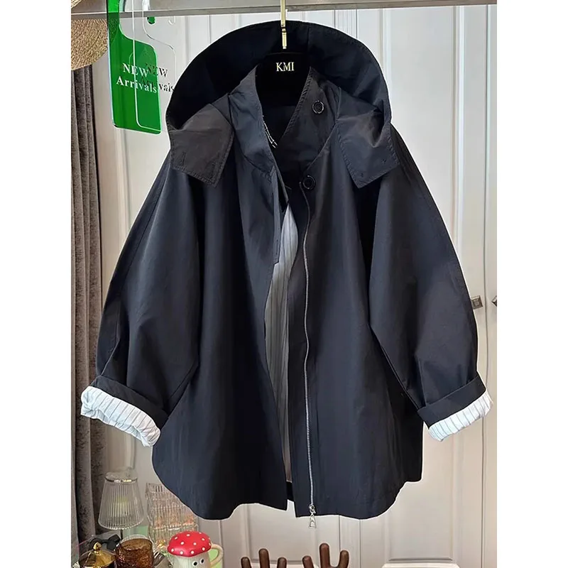 

Ladies New Temperament Joker Loose Jacket Hooded Thin Short Jacket Hooded Joker Baseball Uniform Trench Coat Spring And Autumn