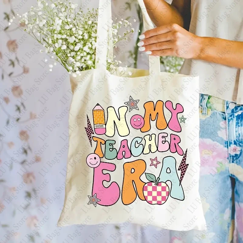 In My Teacher Era Tote Bag Perfect for Shopping Casual Canvas Shoulder Bags Christmas Birthday Gifts Back To School Bags