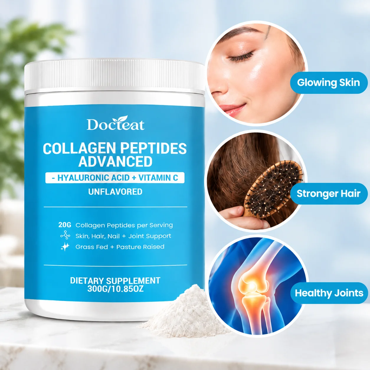 Collagen Peptides Powder Skin Glow Reduce Hair Shedding Joint Health beauty Collagen Peptides Biotin Vitamin C 300g for Wrinkles