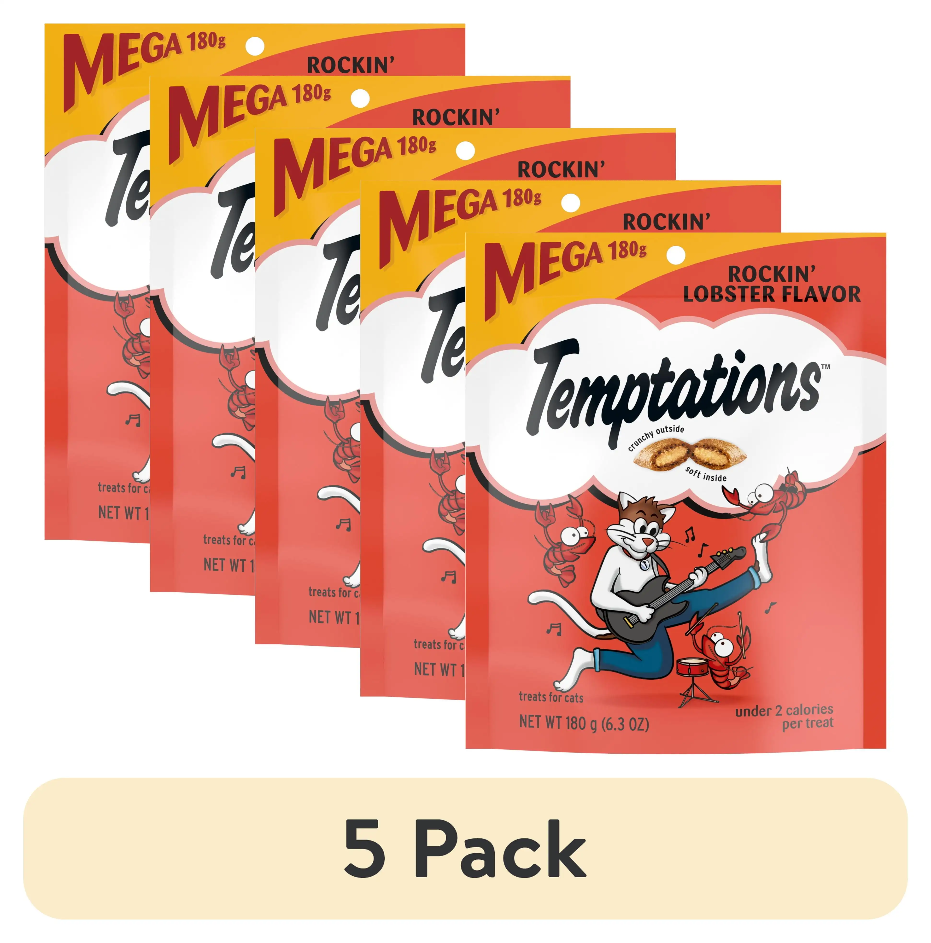 

(5 pack) Temptations Classic Rockin' Lobster Flavor Crunchy and Soft Dry Cat Treats, 6.3 oz Pouch